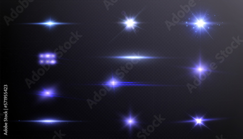 Set of purple glowing light effects isolated on transparent background. light lines. Solar flare with rays and glare. glow effect. Starburst with shimmering sparkles.