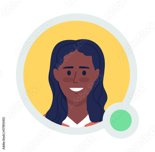 Smiling female student flat vector avatar icon with green dot. Editable default persona for UX, UI design. Profile character picture with online status indicator. Colorful messaging app user badge