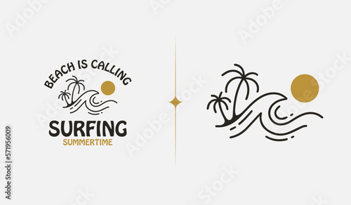 Surfing Beach monoline. Universal creative premium symbol. Vector sign icon logo template. Vector illustration