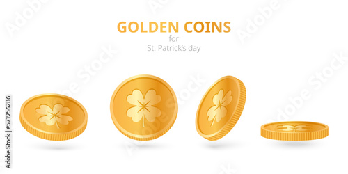 Collection of 3d four leaf clover golden coins. Elements for Saint Patrick's day. Isolated on white. Lucky shamrock coins Vector realistic 3D illustration. Leprechaun treasure. Lucky talisman. 