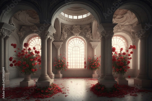 Print op canvas interior of a room in a palace decorated with red and white flowers