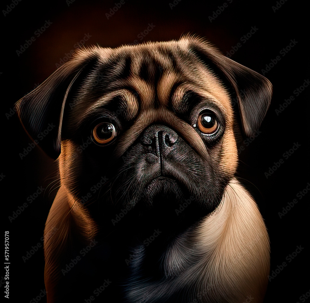 Black background pug art: a must-have for any pug fan! This illustration captures the playful spirit of the breed with its expressive eyes and cute features. Perfect for prints, t-shirts, and more.