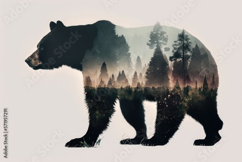 Double exposure of a black bear and forest. Generative AI illustration.