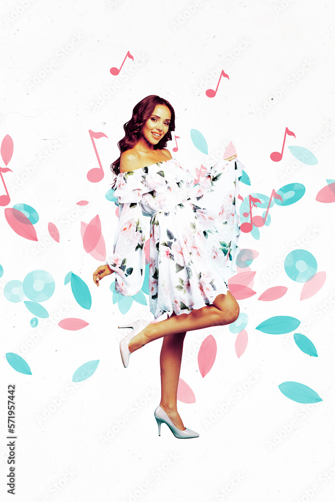 Vertical collage artwork image of positive pretty girl enjoy chilling dancing drawing melody symbol isolated on painted background Vertical collage artwork image of positive pretty girl enjoy chilling dancing drawing melody symbol isolated on painted background