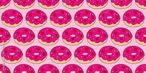 Beautiful Pattern Donut topped with Heart, sugar bits, sprinkles . Valentines Donut cartoon doodle, Beautiful, delicious and full of heart. hand drawn Donut cartoon, for decorating 