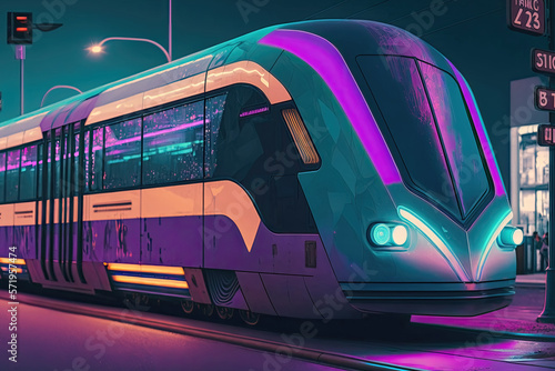 "Neon futuristic transport" is a high-speed, futuristic vehicle with a sleek and aerodynamic design. The vehicle is illuminated with vibrant neon lights in various shades, giving it.. Generative AI