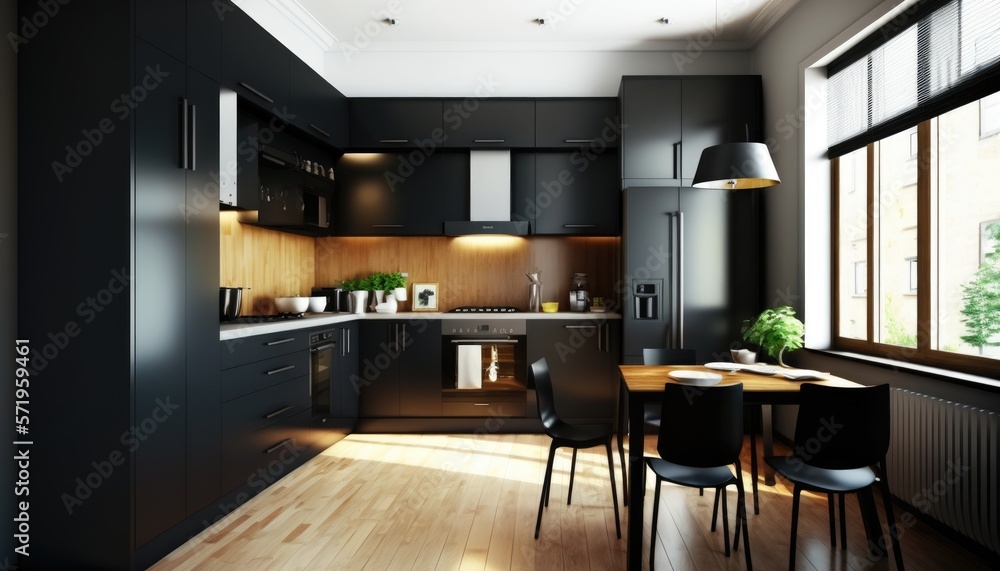 Modern kitchen with black furniture and wooden floor. generative ai