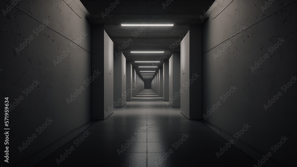Underground tunnel with white lights with solid concrete walls, background. Generative AI