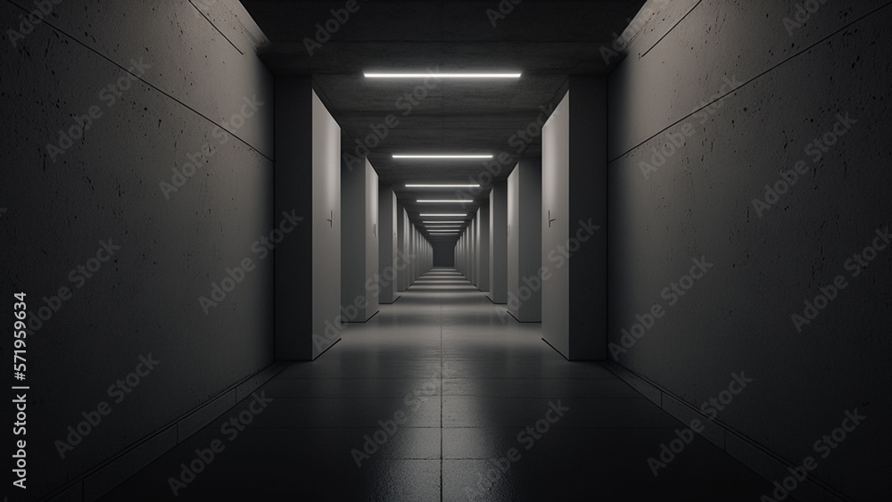 Underground tunnel with white lights with solid concrete walls, background. Generative AI Underground tunnel with white lights with solid concrete walls, background. Generative AI