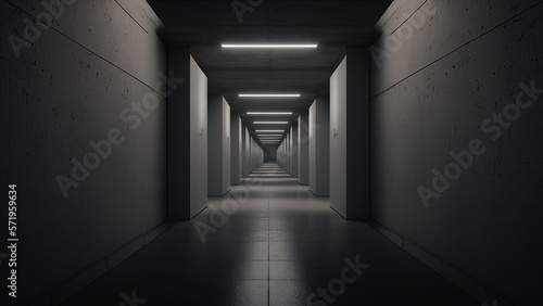 Underground tunnel with white lights with solid concrete walls, background. Generative AI © eka