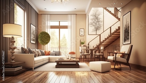 Modern villa living room design interior, beige furniture, bright walls, hardwood flooring, sofa, armchair with lamp. generative ai