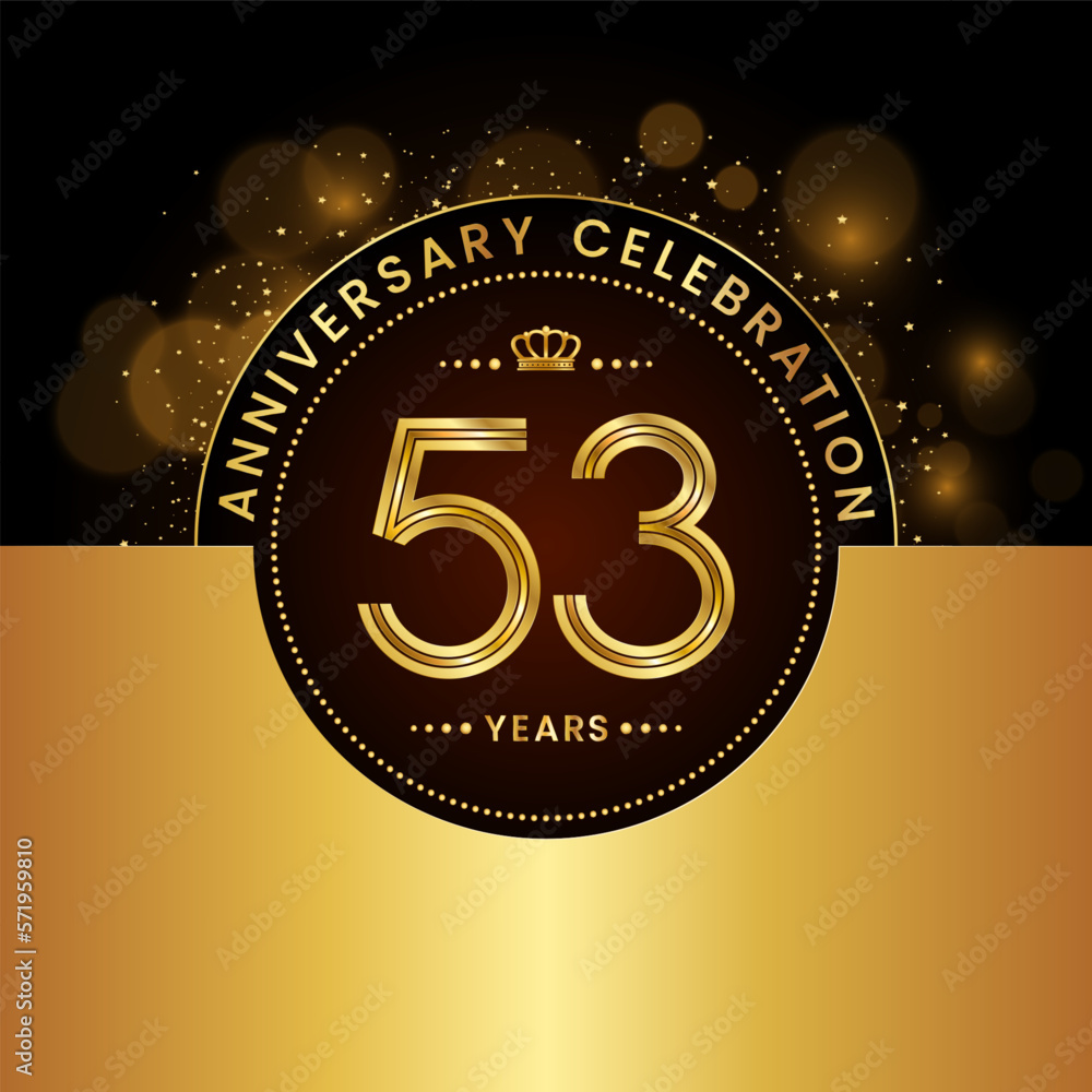 Fototapeta premium 53th Anniversary Celebration. logo design with golden numbers and text for birthday celebration event, invitation, wedding, greeting card, banner, poster, flyer, brochure. Logo Vector Template