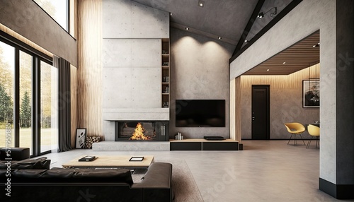 Spacious villa interior with cement wall effect  fireplace and tv. generative ai