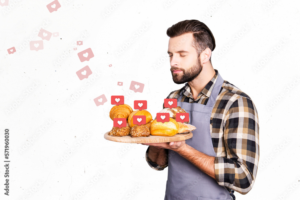 Creative collage image of baker guy smell aromat fresh pastry tray like notification isolated on white background Creative collage image of baker guy smell aromat fresh pastry tray like notification isolated on white background