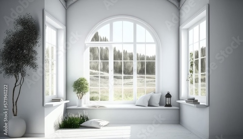 White empty room with summer landscape in window. Scandinavian interior design. generative ai