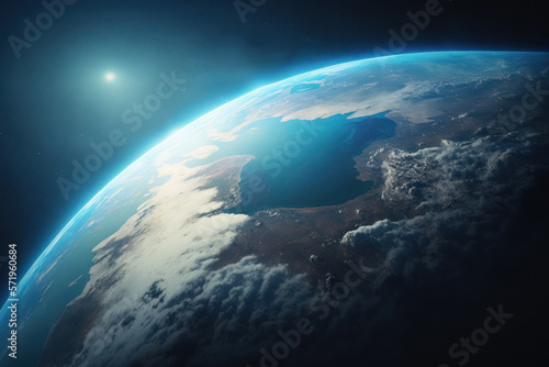 Planet Earth cutvature. Aerial view of blue planet from space. Sunrise over globe land and ocean. Generative AI 