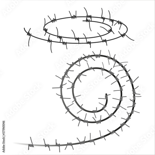  On a white background, two coils of barbed wire.