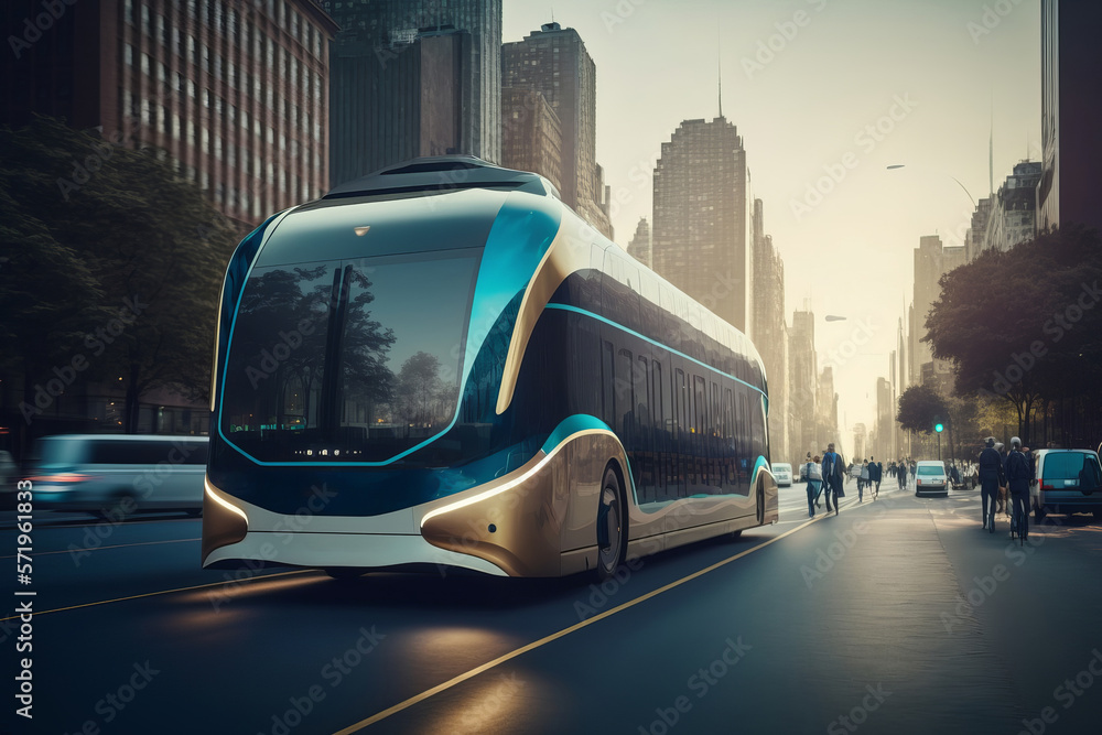 The future of electric autonomous bus transport. running on the city. generative AI digital illustration