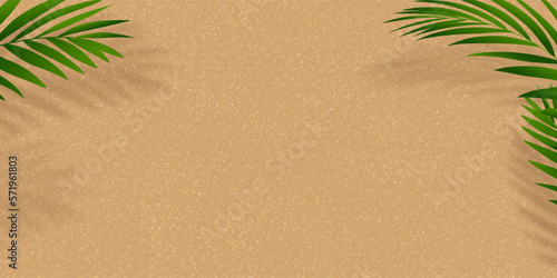 Sand beach texture background with palm leaf with shadow,Vector illustration Flat lay top view tropical with Coconut branches leaves on brown beach sand with copy space for Holiday Summer backdrop