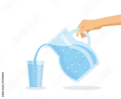 Woman hand with jug fills a glass with drinking water. Freshness, thirst, diet vector illustration.