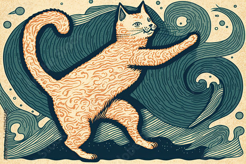 Cat Dancing with Waves, Japanese Art Inspired Illustration