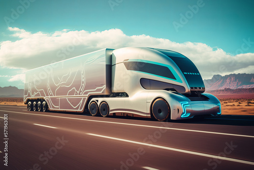 The future of electric autonomous freight transport. running fast on the highway. generative AI digital illustration © EZPS