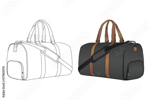 Travel Duffle Bag, Vector Illustration, Bag Outline Template, Fashion Flats Sketch, Duffel Bag for Camping Gym Weekender Bag, Vector Clip Art Template