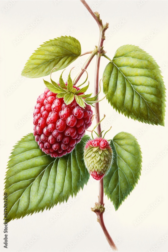 Aquarelle d'un framboisier avec des framboises. illustration, dessin