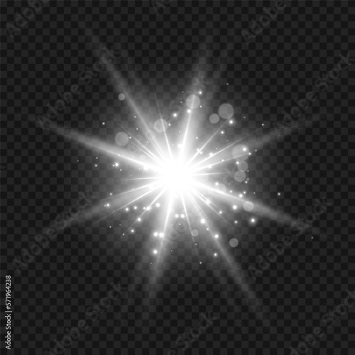 Star burst with sparkles. Silver light flare effect with stars, sparkles and glitter isolated on transparent background. Vector illustration of shiny glow star with stardust, white lens flare