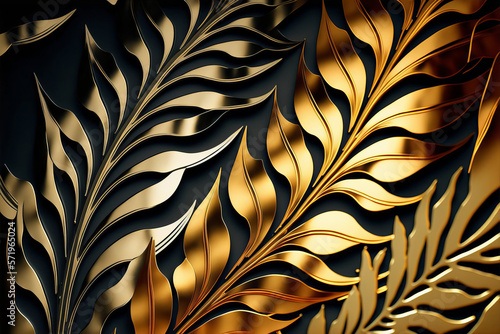 Gold-tinted tropical foliage forms a stunning background for any project. Perfect for evoking feelings of grandeur and luxuriance. Generative AI photo