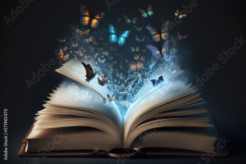 Generative AI illustration of an open book with butterflies coming out of it ideal for fantasy and literature backgrounds © JoseLuis