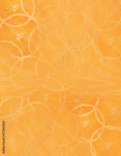 Fresh bright round orange slices. Shades of orange. Flat lay, top view, bright design. Fruit composition. Concept of vitamin C, healthy wholesome food.