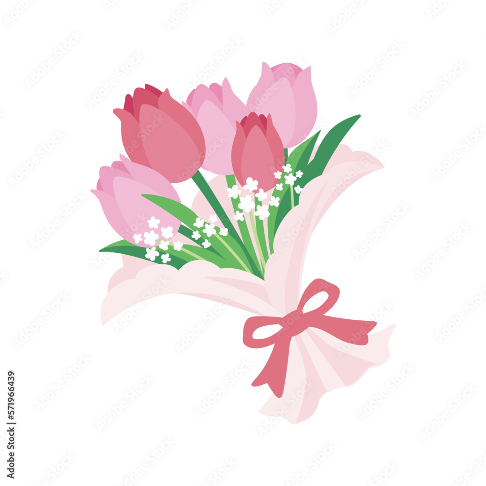 Bouquet of tulips in pink and red with small white flowers. It is tied together with pretty ribbon. Bouquet of tulips in pink and red with small white flowers. It is tied together with pretty ribbon.