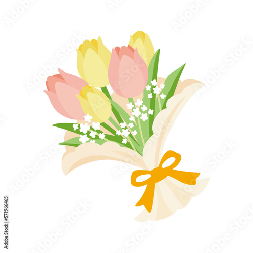 Bouquet of tulips in yellow and orange with small white flowers. It is tied together with pretty ribbon.
