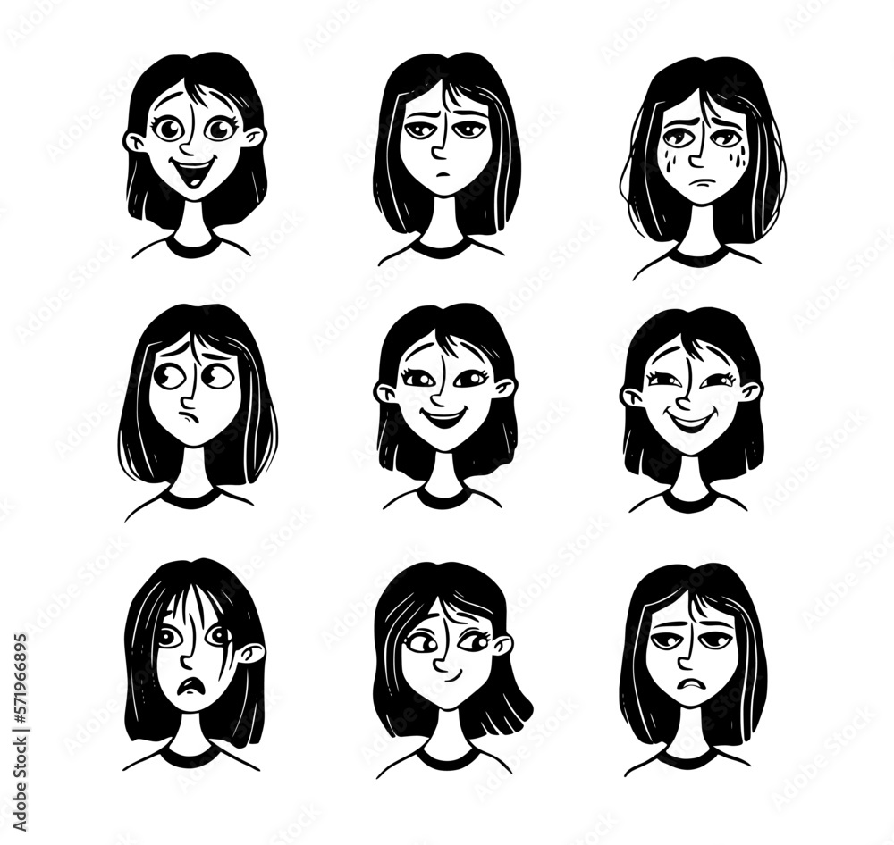 Black and white set of woman's emotions. Facial expression. Girl Avatar. Vector Outline illustration in a cartoon style Black and white set of woman's emotions. Facial expression. Girl Avatar. Vector Outline illustration in a cartoon style