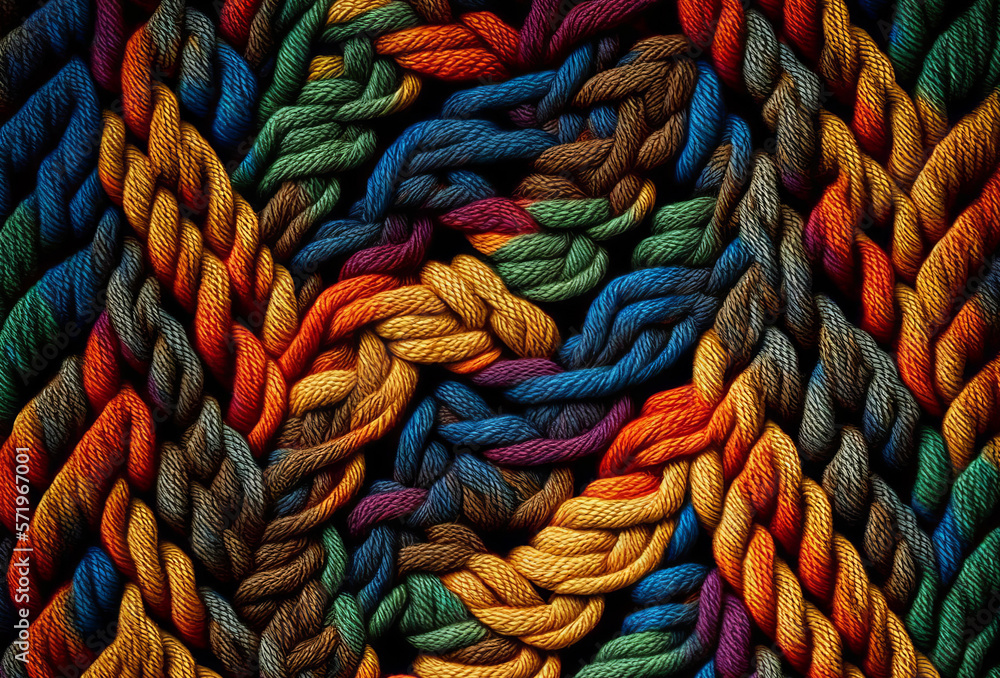 Colorful wool yarn woven in a comforting and warm texture, for an inviting and traditional aesthetic. Perfect for homey, cozy feels - or any graphic design needs. Generative AI