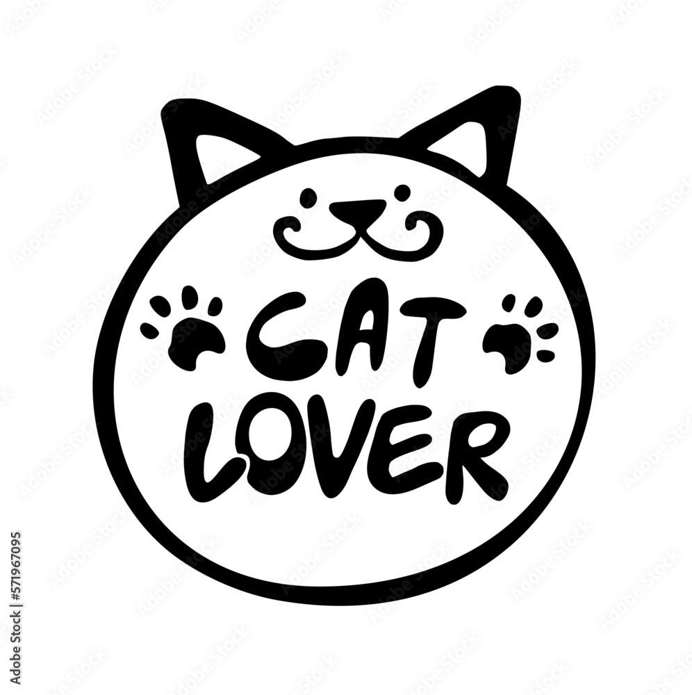 Muzzle of a cat with the inscription cat lover. Logo design, icon, label. Hand lettering with cat paws Muzzle of a cat with the inscription cat lover. Logo design, icon, label. Hand lettering with cat paws