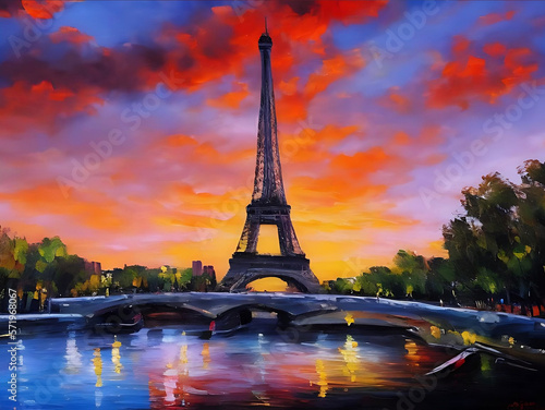 oil painting paris landmark sunset front view of eiffle tower photo