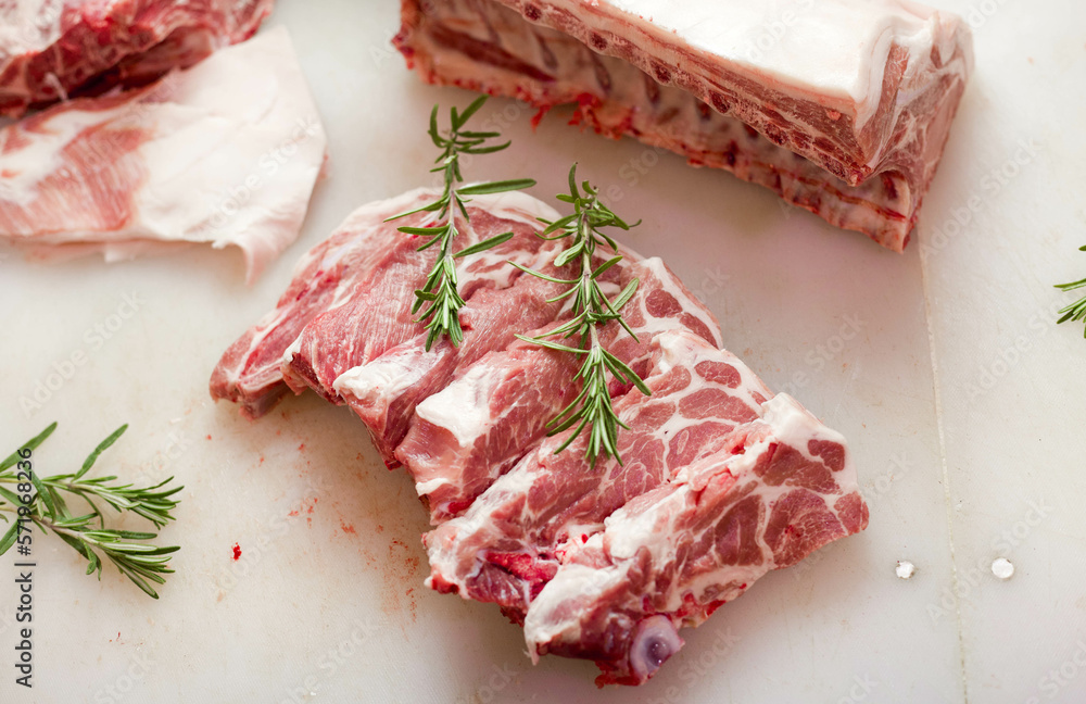 Fresh pork, lamb and beef meat on butchery Fresh pork, lamb and beef meat on butchery
