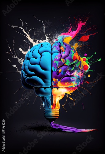 Creative thinking concept Innovative idea and designer mind or brainstorm ideas with smart design. 
Open mind brain illustration with abstract colorful splashes. Light bulb.
