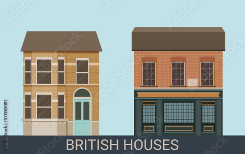 British houses vector illustration front view with roof. Brick wall with doors and windows. 