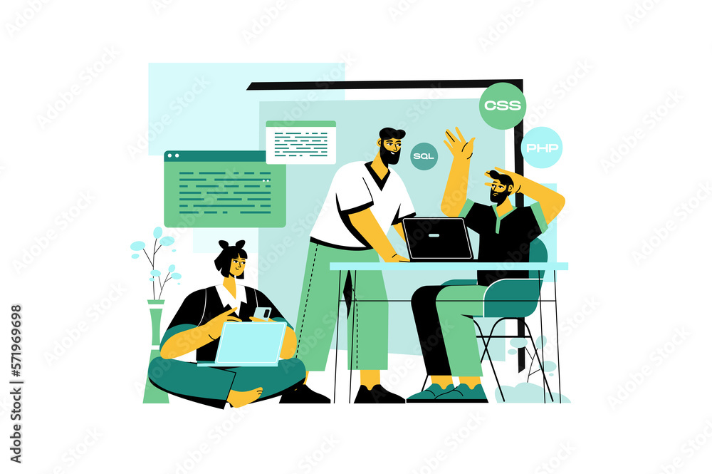 Coding green concept with people scene in the flat cartoon design. Programmers work together on the office and write programming code.