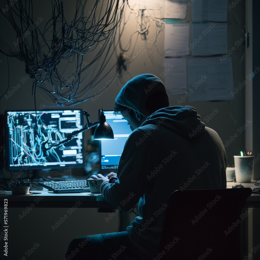 A hacker working on a laptop in a dark room, Generative AI A hacker working on a laptop in a dark room, Generative AI