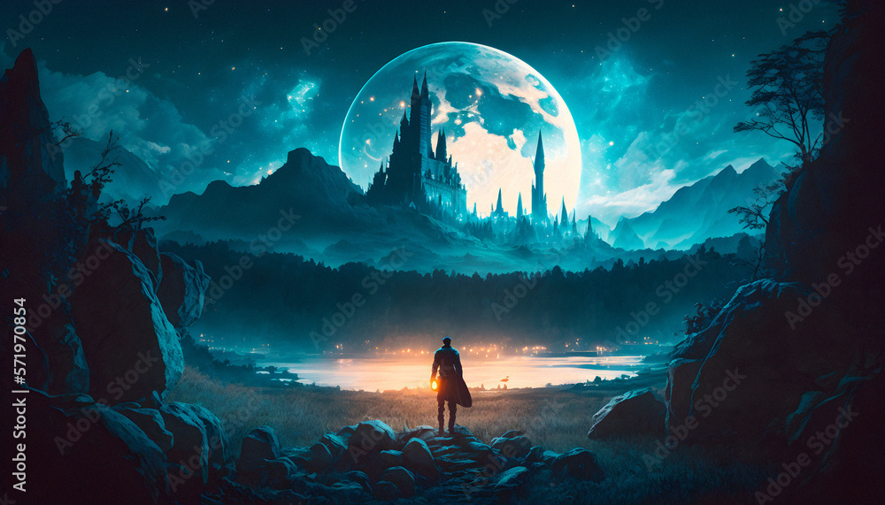 Wizard looking on distant castle, dark landscape