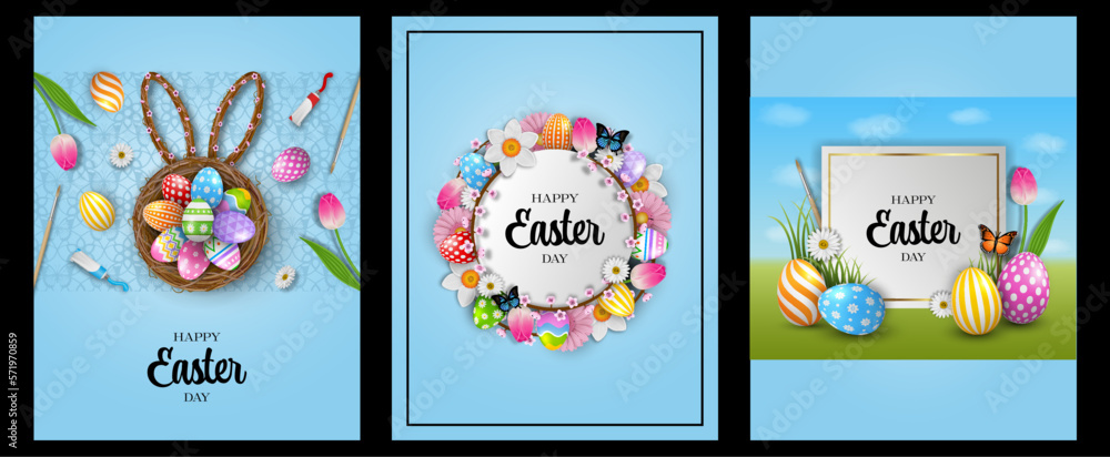 set of easter cards with flowers and colorful eggs. decorated eggs in a nest with bunny ears. round frame with flowers and eggs. white  and gold label with easter eggs on spring landscape