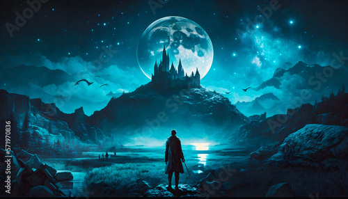 Wizard looking on distant castle, dark landscape