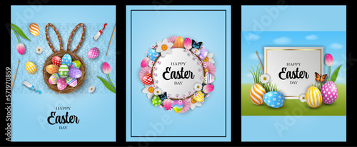 set of easter cards with flowers and colorful eggs. decorated eggs in a nest with bunny ears. round frame with flowers and eggs. white  and gold label with easter eggs on spring landscape