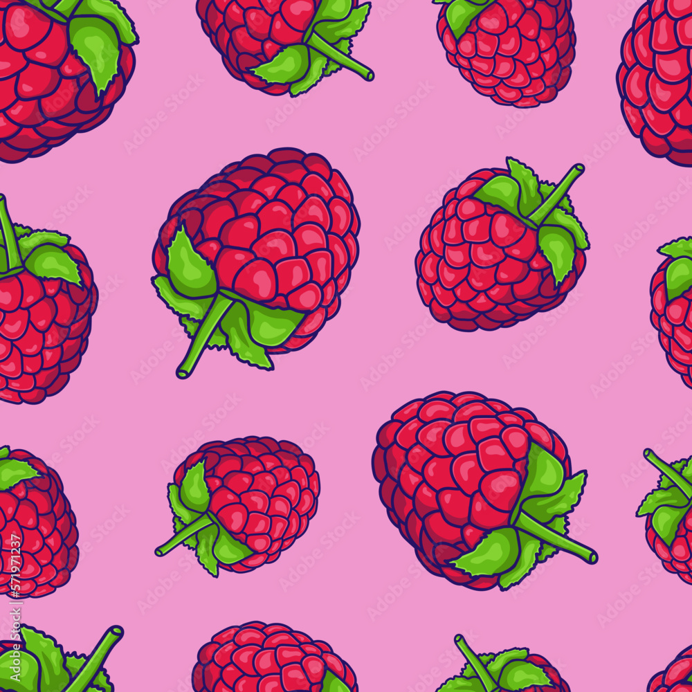 cartoon seamless raspberry pattern with leaves, multicolored doodle pattern. Vector background with raspberries cartoon seamless raspberry pattern with leaves, multicolored doodle pattern. Vector background with raspberries