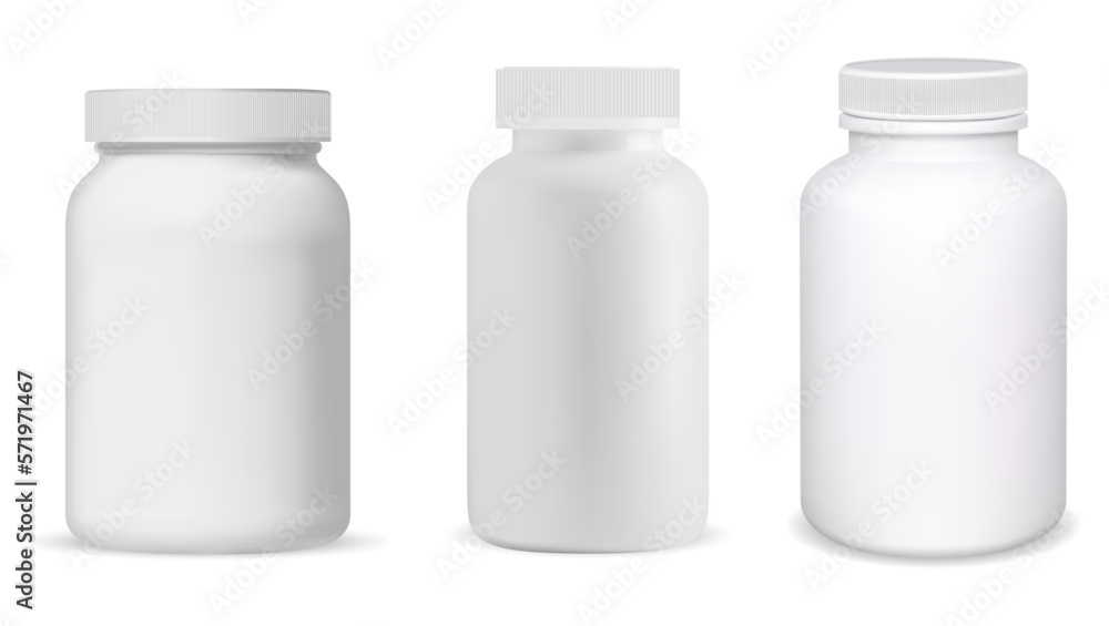 Medicine pill bottle. Supplement bottle vector mockup. White drug container design. Capsule cure jar template, pharmaceutical medication packaging illustration. Medicament tablet product Medicine pill bottle. Supplement bottle vector mockup. White drug container design. Capsule cure jar template, pharmaceutical medication packaging illustration. Medicament tablet product