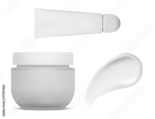 Cosmetic set of cream jar, moisture texture, serum tube. Body creme or butter packaging blank for brand design. Skin care product template, foundation gel stroke, realistic plastic tube